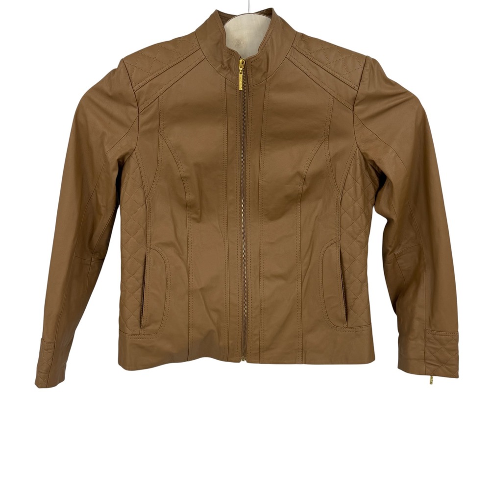 IMAN Genuine Leather Jacket Women Large Tan Quilted Biker Moto Gold Zip Chic